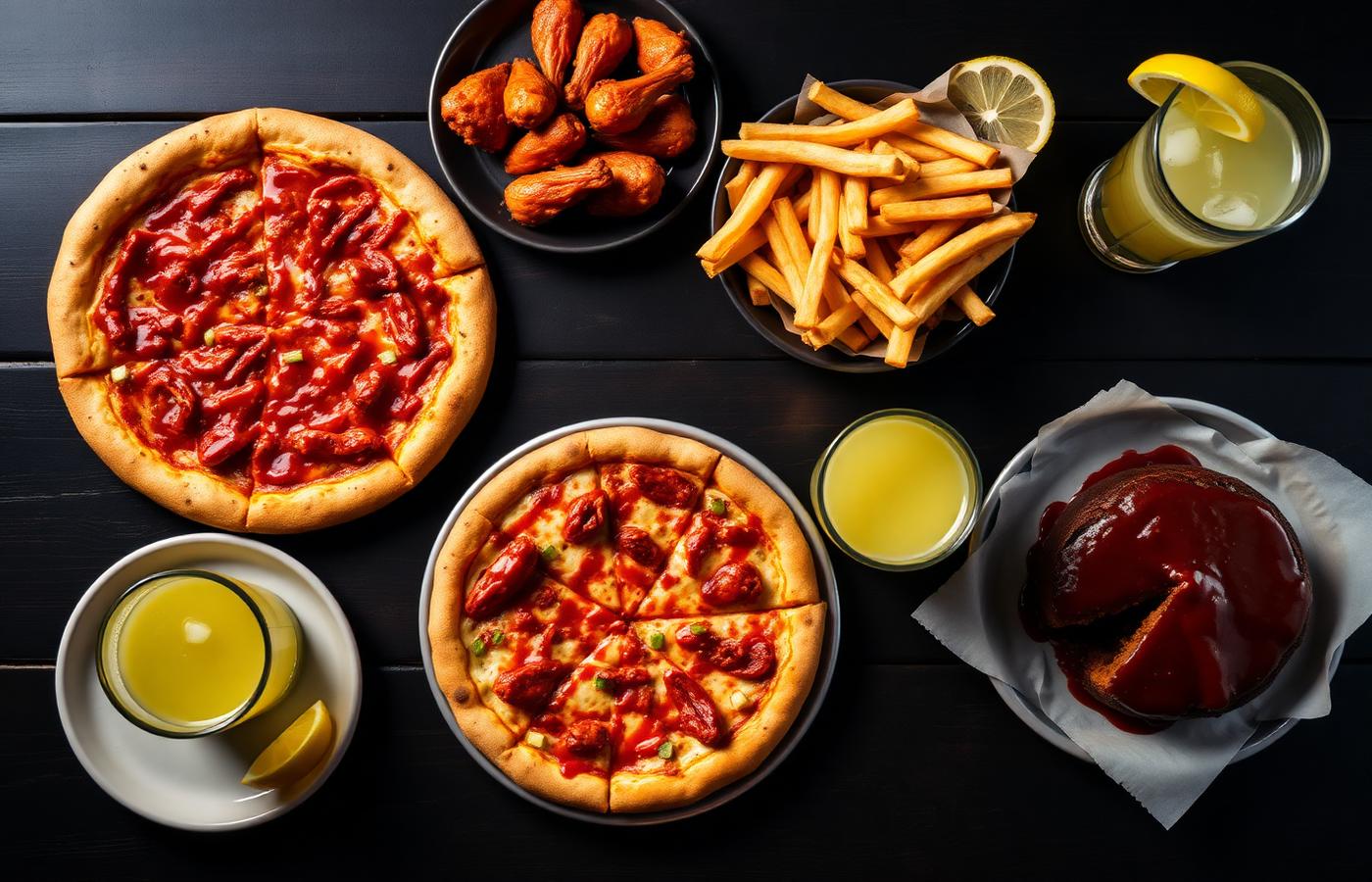 A spread of pizza, wings, fries and drinks