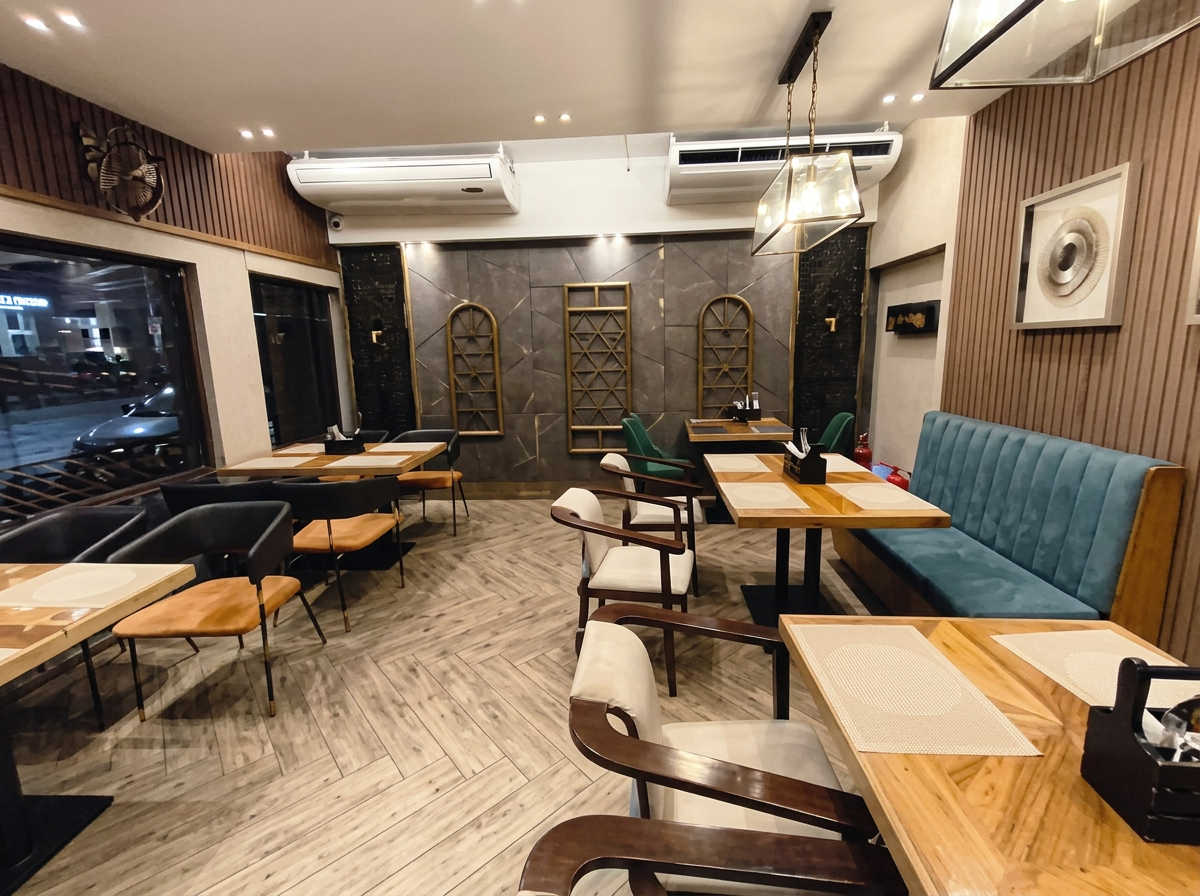 Warm wooden tables and banquette seating