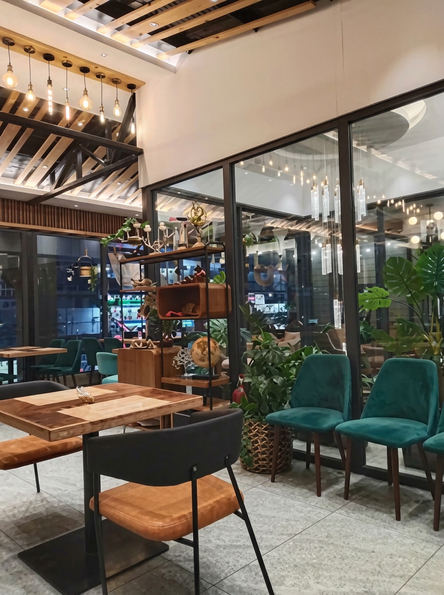 Two-floor dining with hanging lights